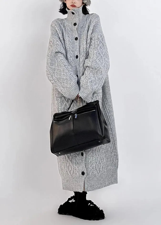 Grey Hign Neck Button Long Knit Cardigan Winter