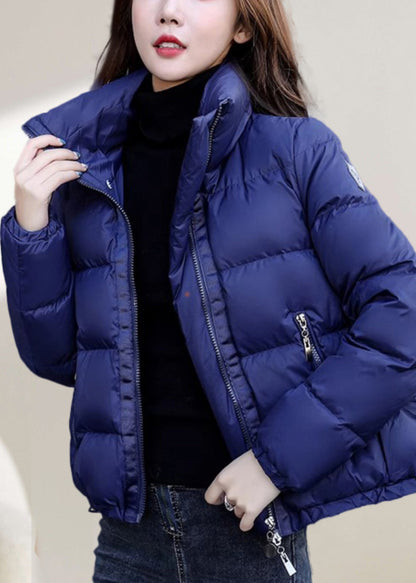 Simple Blue Stand Collar Zip Up Down Coat Winter