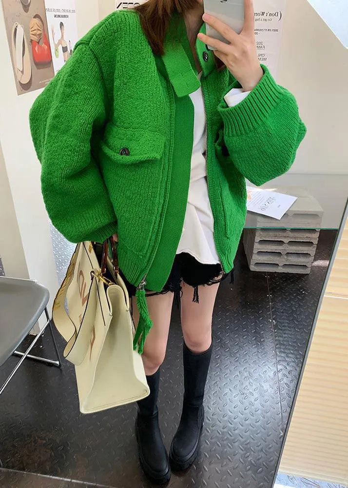 Natural Green Zippered Button Pockets Patchwork Fall Knit Sweaters Coat