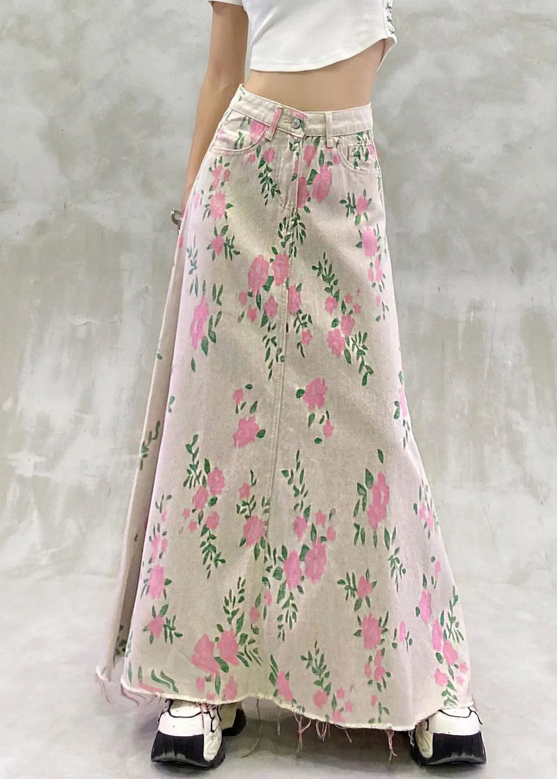 Print Pockets High Waist Denim Skirt Summer