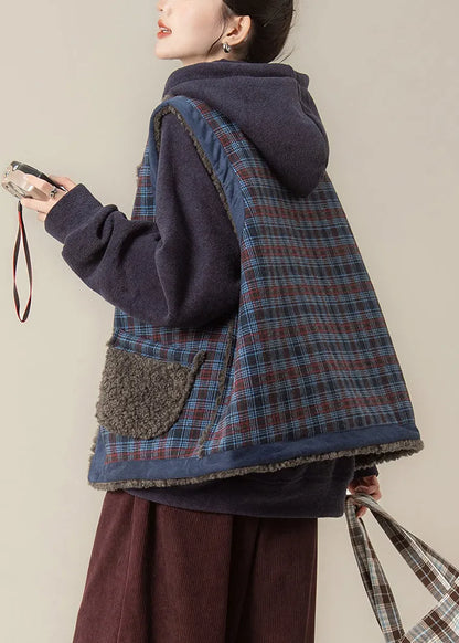 Blue Plaid O-neck Pockets Warm Faux Fur Waistcoat Winter