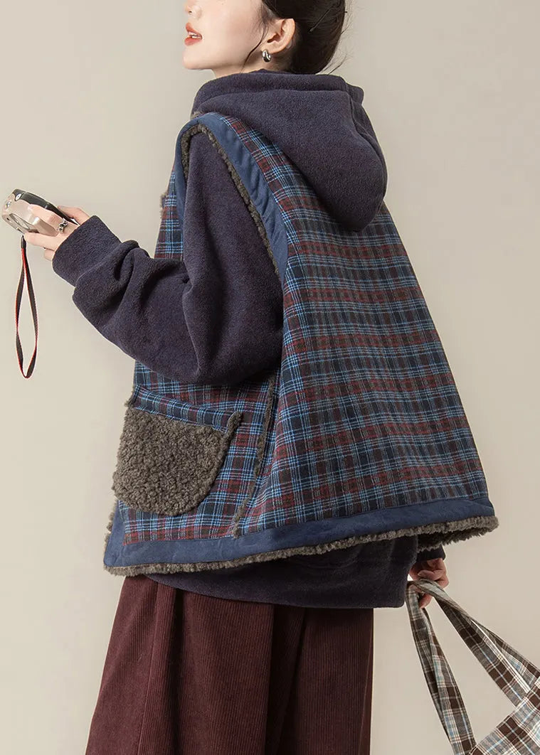 Blue Plaid O-neck Pockets Warm Faux Fur Waistcoat Winter