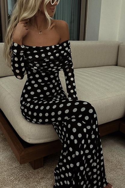 Statement Polka Dot Print Off Shoulder Ruched Stretch Maxi Dress