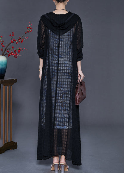Black Hooded Plaid Tulle Cardigans Spring