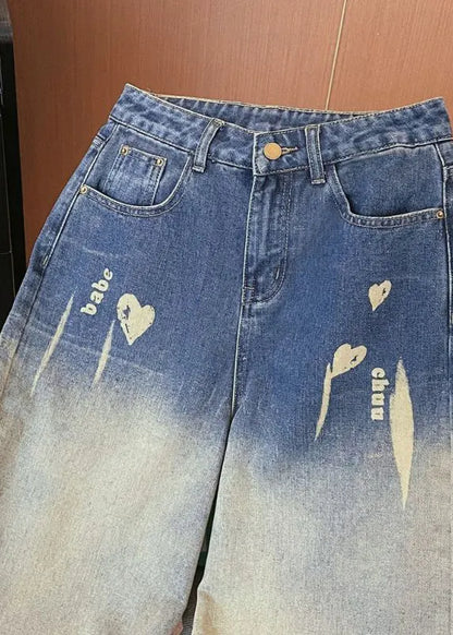 Denim Blue High Waist Pockets Tie Dye Wide Leg Pants Winter
