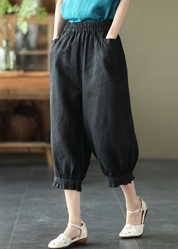 Black Pockets Elastic Waist Linen Crop Pants Summer