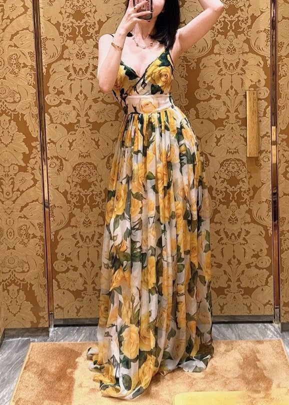 Yellow V Neck Print Chiffon Spaghetti Strap Dress Sleeveless
