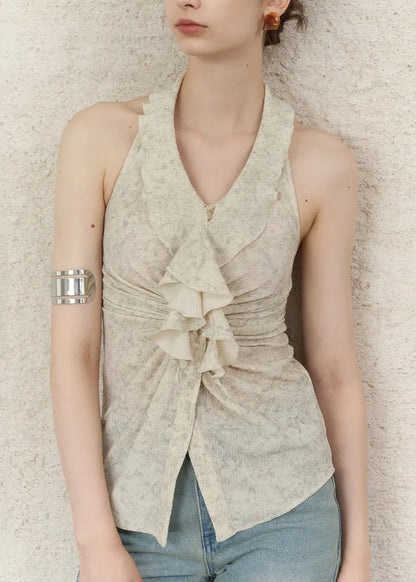 Simple Apricot V Neck Ruffled Print Wrinkled Vest Summer