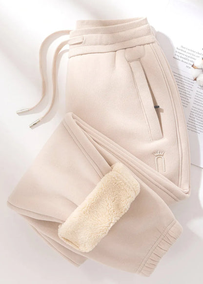 Grey Pockets Elastic Waist Teddy Warm Fleece Pants Winter