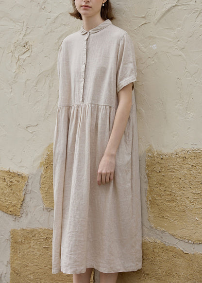 New Beige Peter Pan Collar Wrinkled Linen Long Dress Summer