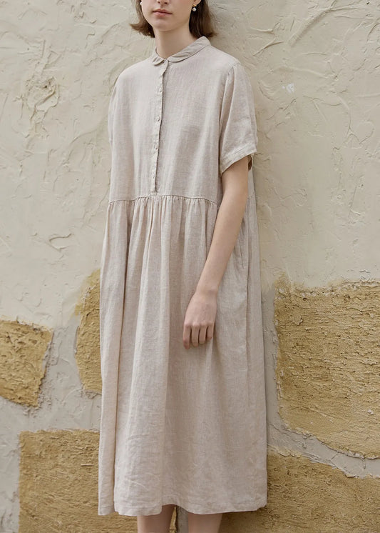 New Beige Peter Pan Collar Wrinkled Linen Long Dress Summer