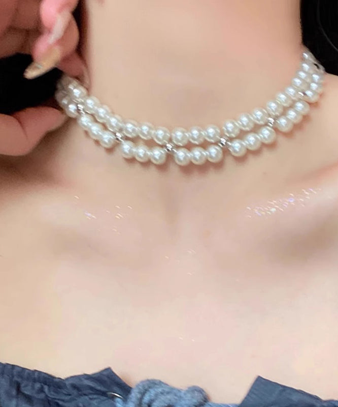 White Alloy Pearl Multilayer Cross Gratuated Bead Necklace