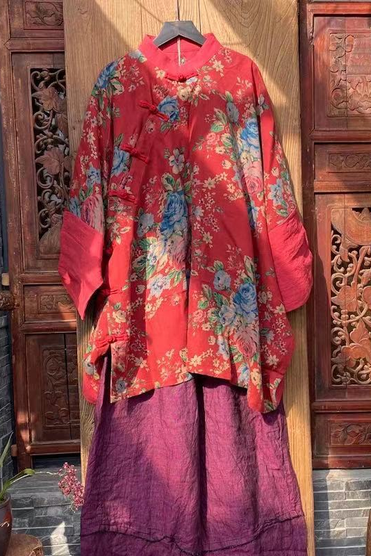 -retro Cotton Linen Big Red Flower Slanting Shirt
