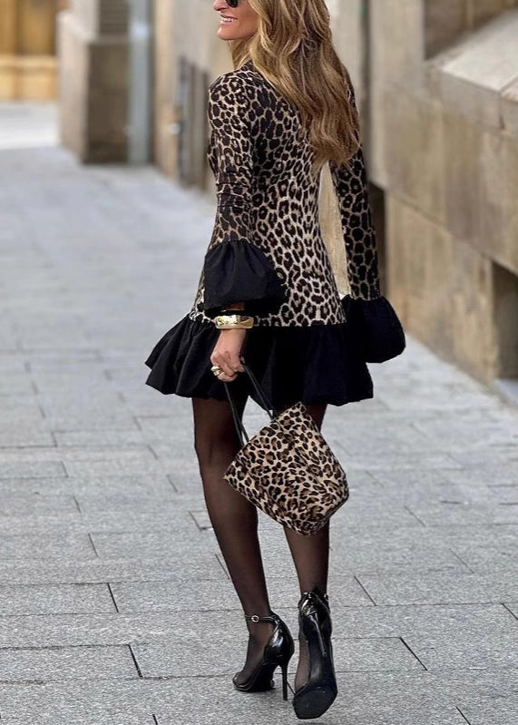 New Leopard Print Ruffle Patchwork Flared Sleeve Dress