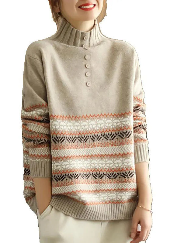 Khaki Hign Neck Print Knit Sweater Spring