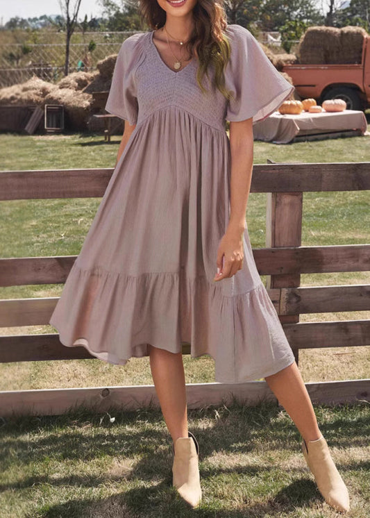 Simple Purple V Neck Wrinkled Cotton Dresses Summer