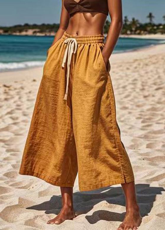 Khaki Patchwork Elastic Waist Wide Leg Pants