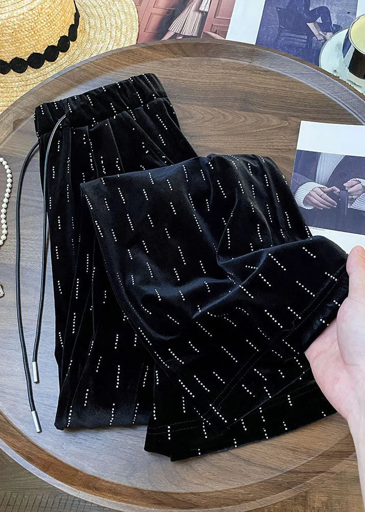 Black Print Wrinkled Elastic Waist Wide Leg Pants Fall