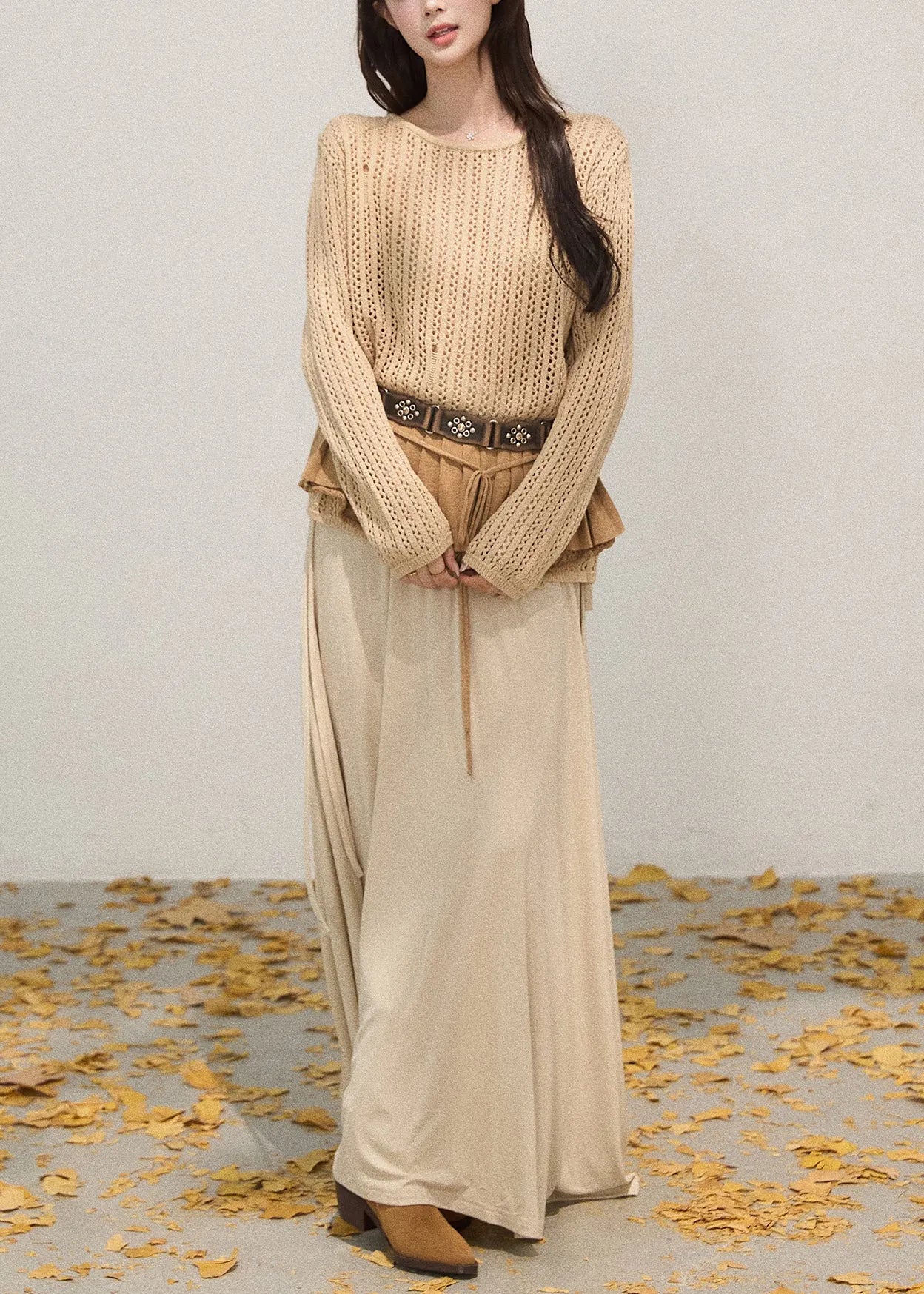 Khaki Hollow Out Knit Pullover Tops Fall