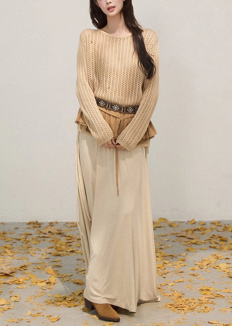 Khaki Hollow Out Knit Pullover Tops Fall