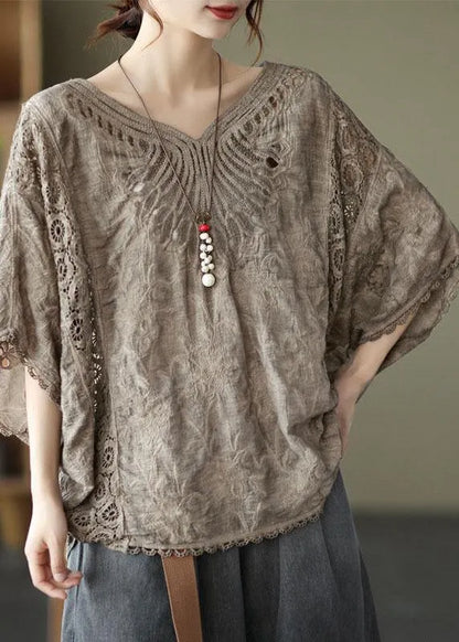 Khaki Cotton V Neck Embroidered Hollow Out Summer Blouses