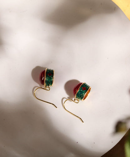 Retro Gold Sterling Silver Overgild Enamel Agate Drop Earrings