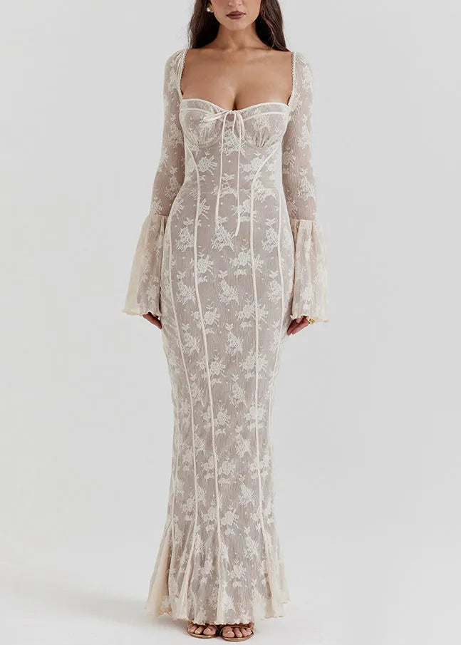 Slim Fit White Square Collar Backless Lace Long Dresses Flare Sleeve
