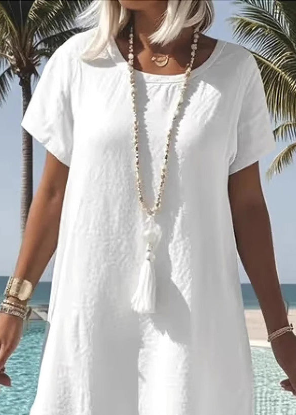 Loose Blue O-neck Cotton Mid Dress Summer