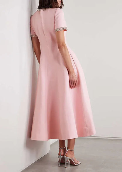 Pink O Neck Zircon Bow Cotton Long Dress Summer