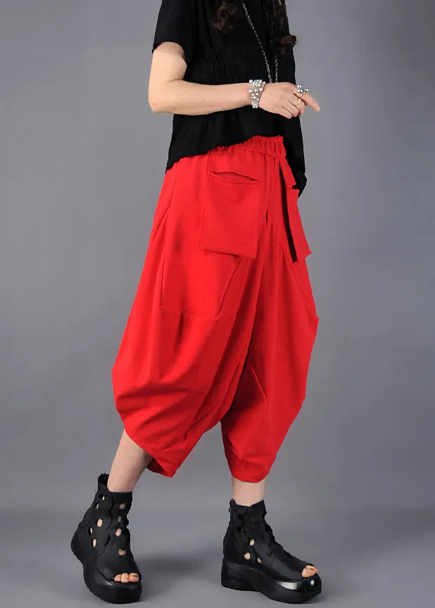 Red Oversized Pockets Cotton Harem Pants Spring