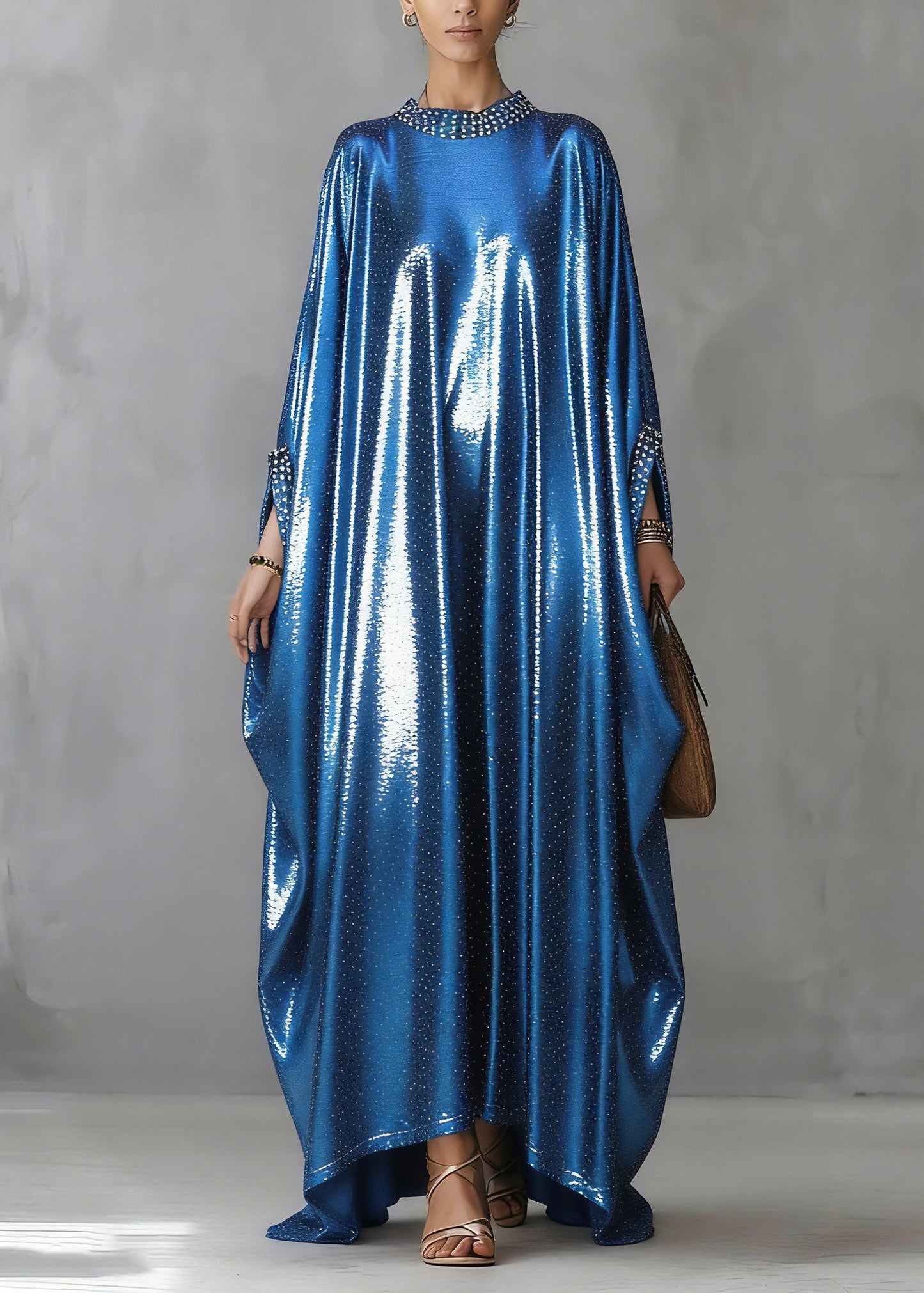 Blue Nail Bead Silk Long Dress Spring