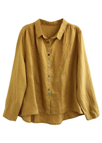 Simple Yellow Peter Pan Collar Embroidered Linen Shirt Spring