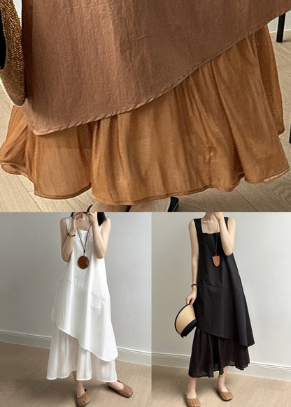 New White Square Collar Patchwork Cotton Long Dresses Sleeveless