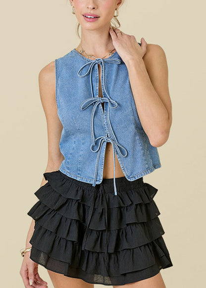 Blue O Neck Lace Up Denim Vest Top Sleeveless