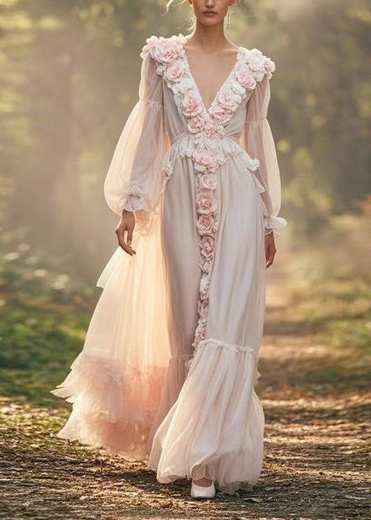 Style V Neck Decorated Wrinkled Patchwork Chiffon Dresses Spring