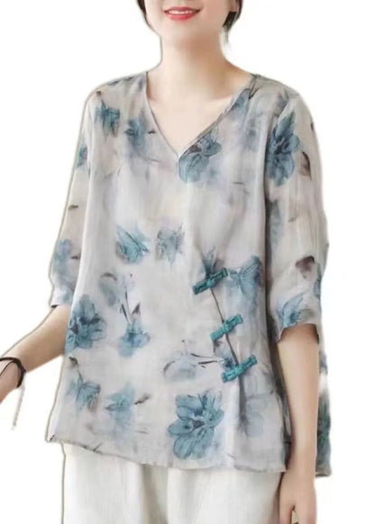 White V Neck Print Chinese Button Patchwork Linen Blouse Top Summer