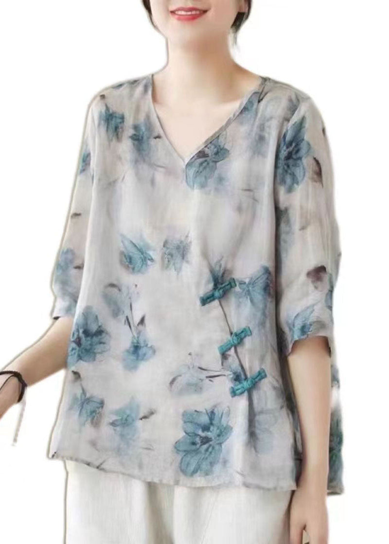 White V Neck Print Chinese Button Patchwork Linen Blouse Top Summer