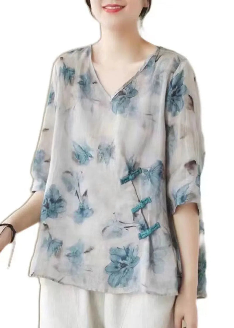 White V Neck Print Chinese Button Patchwork Linen Blouse Top Summer