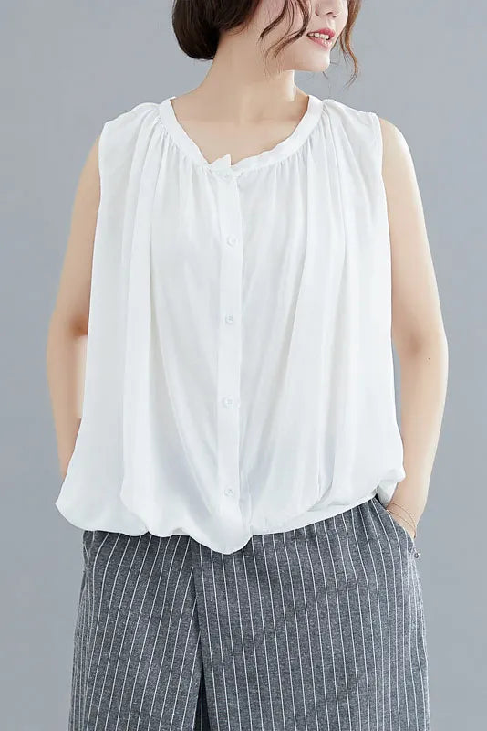 Summer Loose Sleeveless T-shirt Open Top Pleated Tank Top
