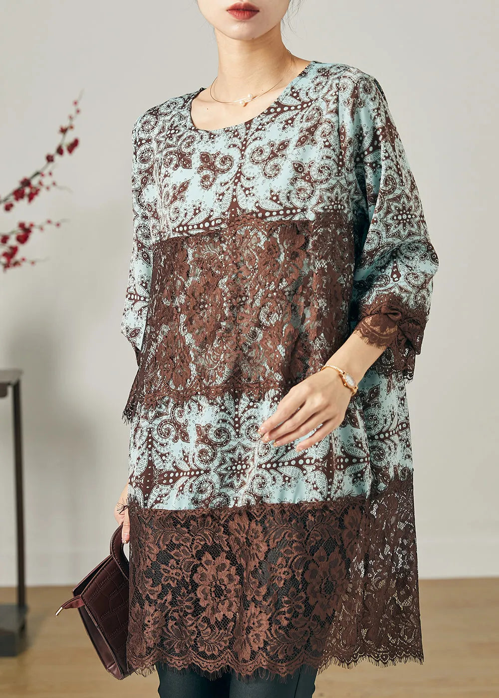 Blue Print Patchwork Lace Chiffon Short Dress Summer