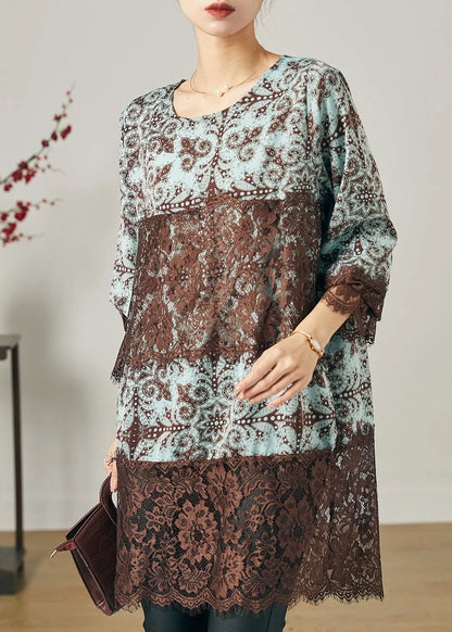 Blue Print Patchwork Lace Chiffon Short Dress Summer
