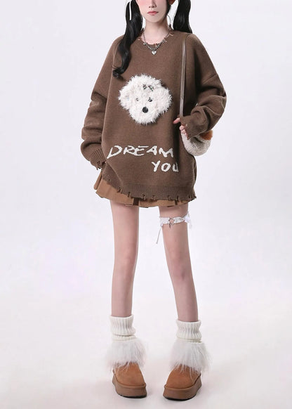 Brown Oversized Dog Knit Sweaters Spring