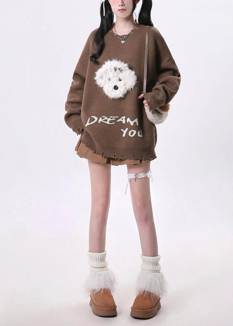 Brown Oversized Dog Knit Sweaters Spring