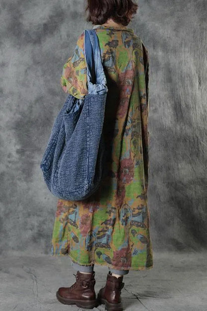 Loose Retro Print Button Big Pocket Dress