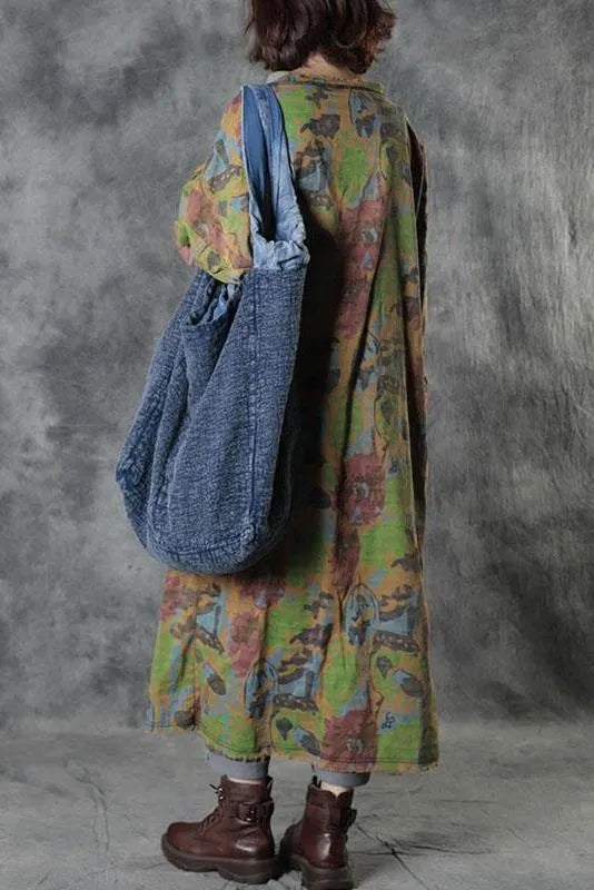 Loose Retro Print Button Big Pocket Dress