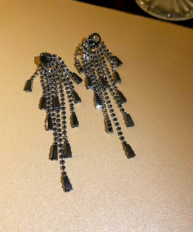 Black Copper Zircon Tassel Drop Earrings