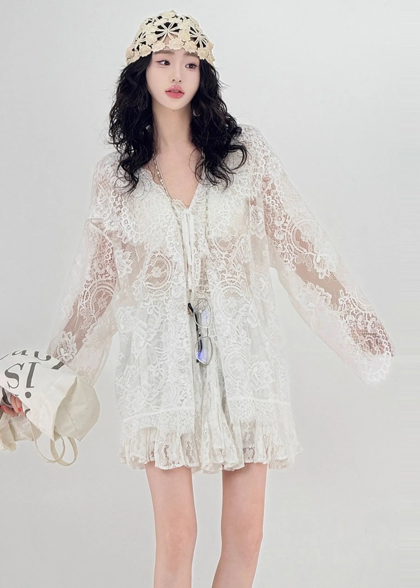 White Oversized Hollow Out Lace Upf 50+ Cardigan Spring