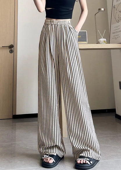 French Striped Pockets Elastic Waist Cotton Pants Summer