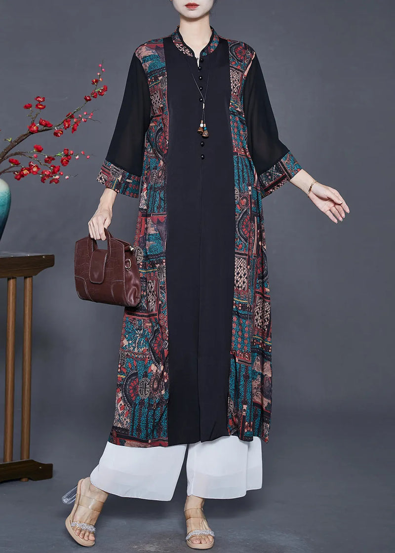 Black Mandarin Collar Patchwork Print Silk Cardigans Fall