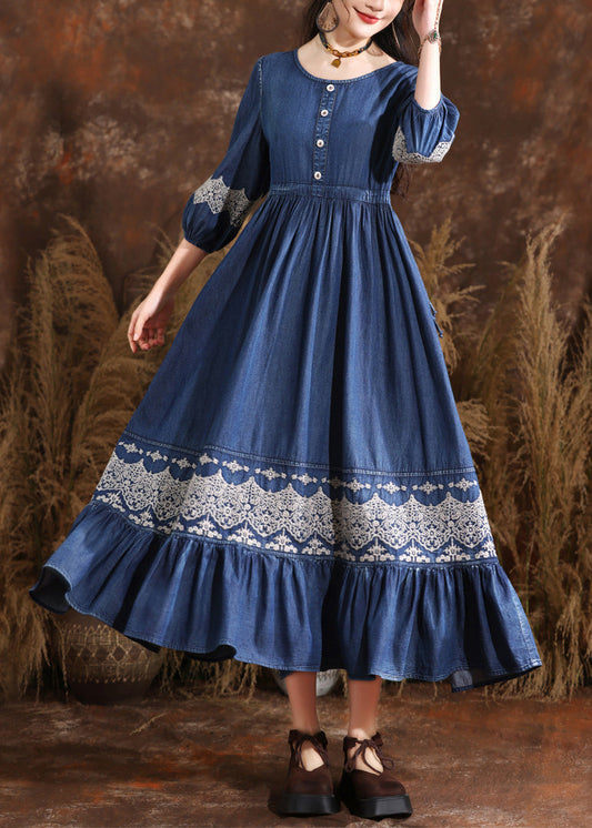 Organic Navy O-neck Wrinkled Elastic Waist Long Denim Dresses Bracelet Sleeve